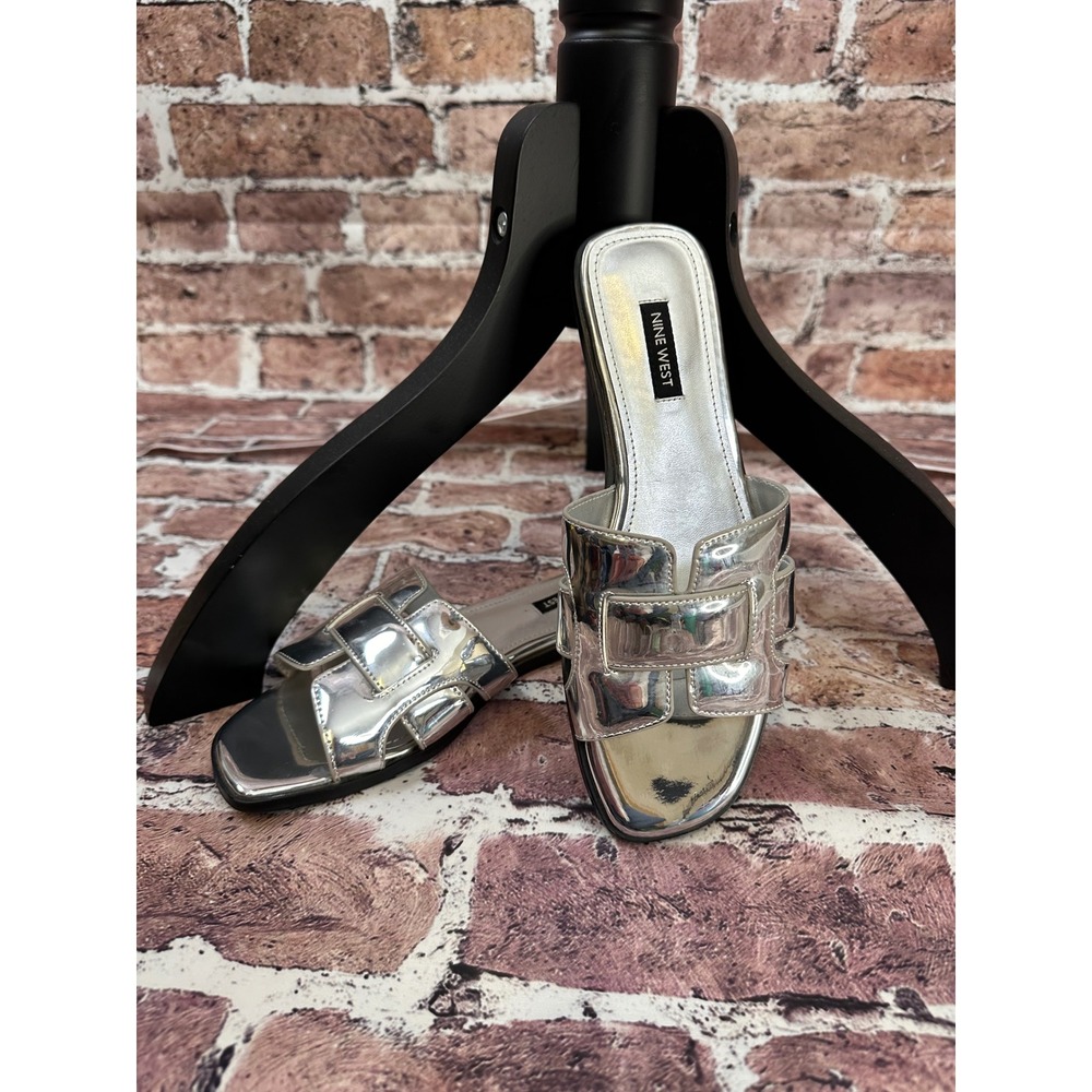 Nine West Womens Metallic Silver Slide Sandals Square Toe Flat H-Strap Mirror - Picture 2 of 13